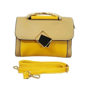 Yellow and Tan Two-Tone Cross Body Purse With Golden Accents, Adjustable Strap